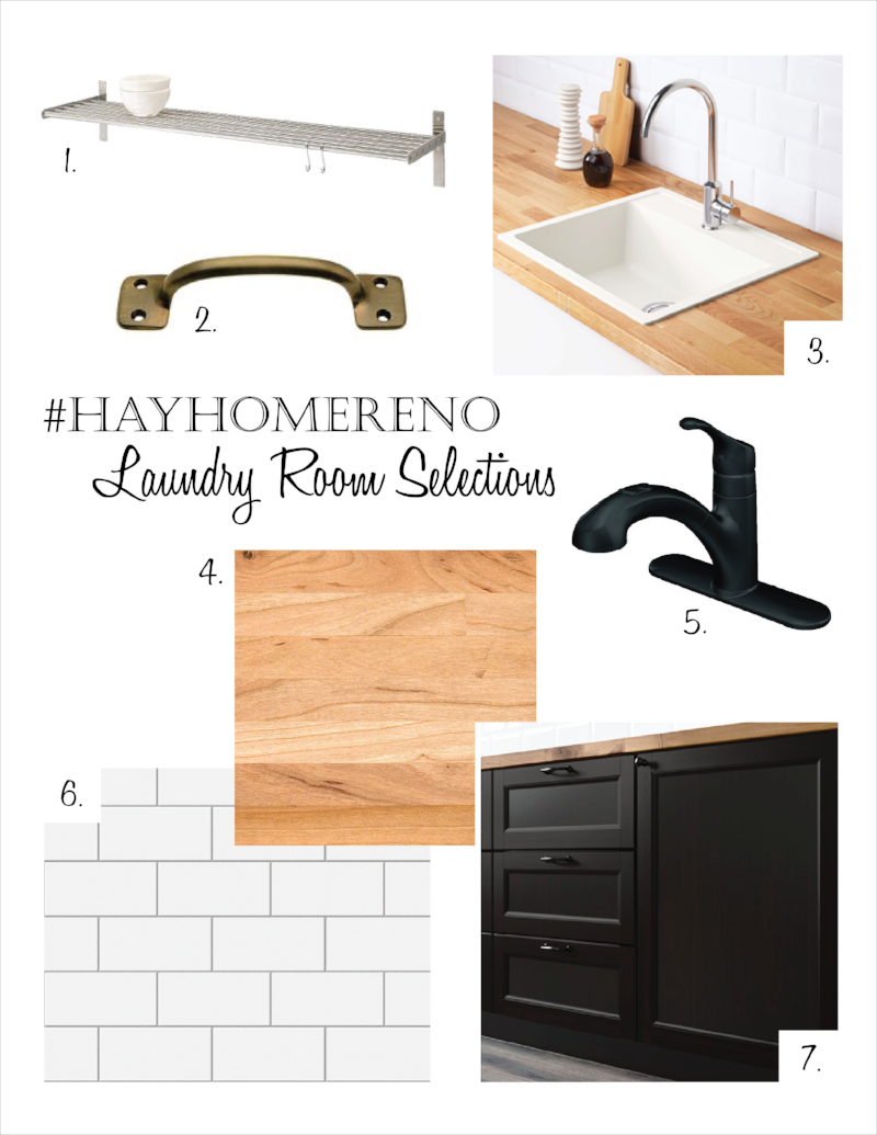 Shop the look below! 1. Shelf 2. Hardware 3. Laundry Basin 4. Countertop 5. Faucet 6. Backsplash Tile 7. Cabinets
