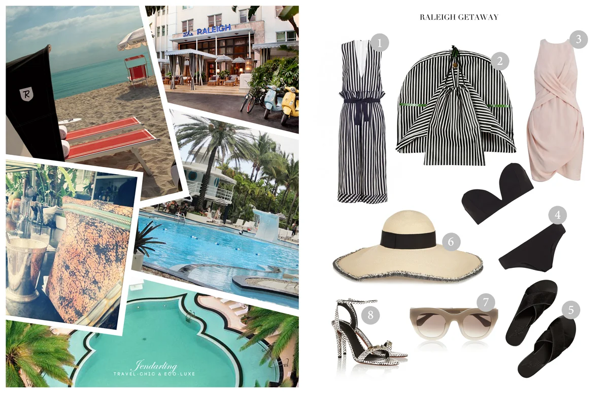 1. Zimmerman 2. Jendarling Edie Garment bag 3. Zimmerman Silk Drape Dress 4. Zimmerman Sundown Curve Bikini 5. Ancient Greek Sandals 6. Eugenia Kim Sunny Toyo Wide-Brim Hat 7. Thierry Lasry Deeply Acetate Cat-Eye Sunglasses 8. Proenza Schouler Sandals