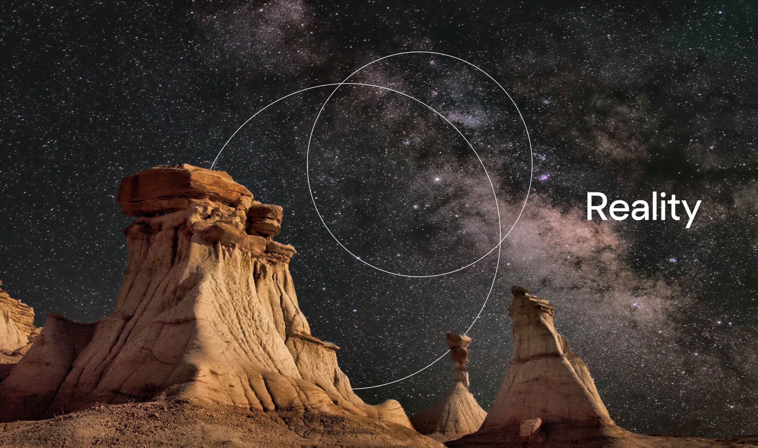 Reality tech platform logo design and branding elements overlaid on a natural landscape background by Flight Design Co.