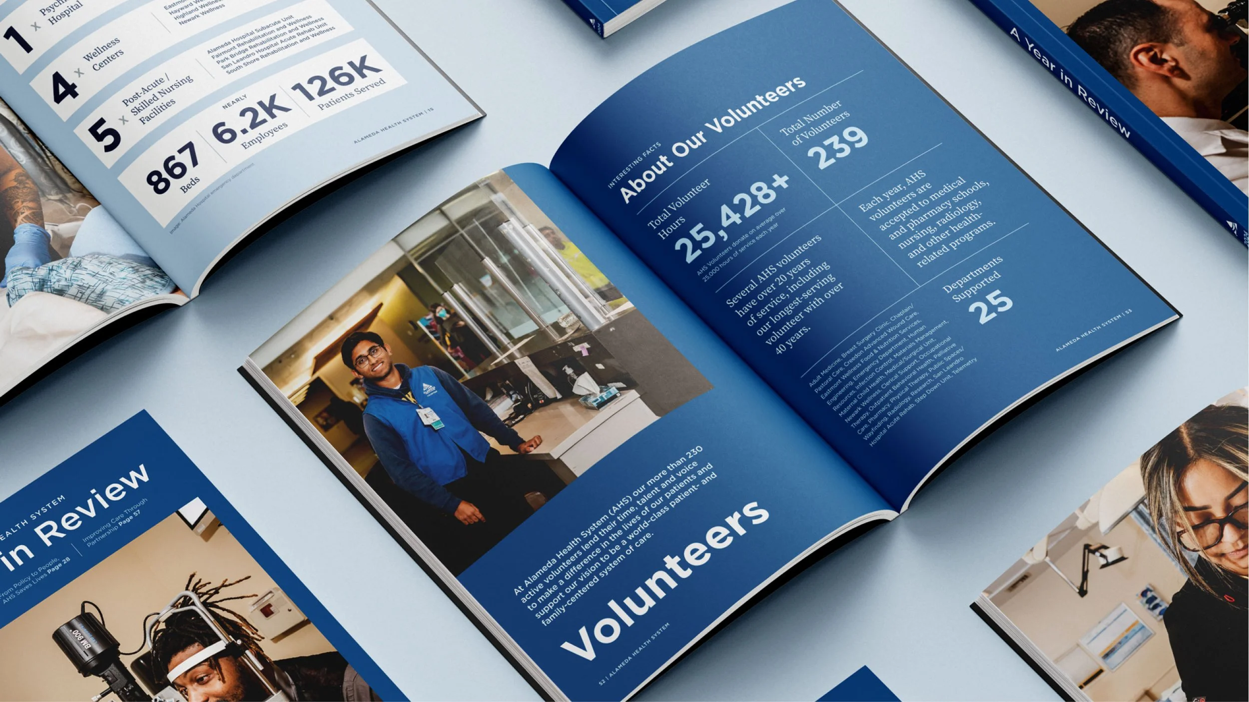 Open layout spreads of a printed healthcare annual report displaying data visualization infographics and custom lifestyle photography.