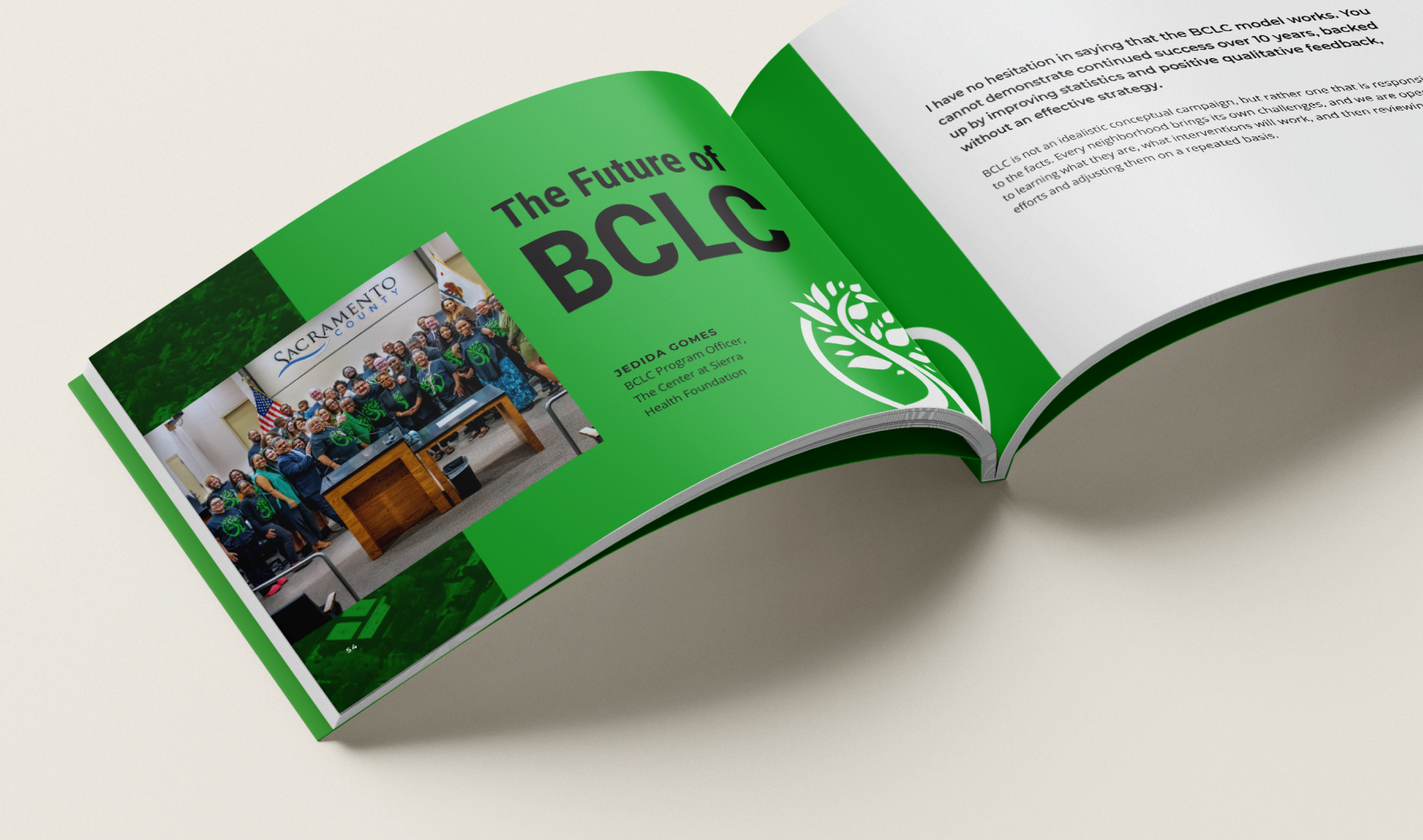 An editorial open layout spread showcasing a printed booklet design for a nonprofit organization.