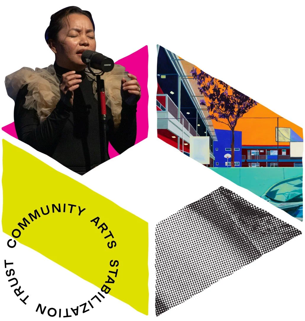 Dynamic brand layout combining colorful artwork illustrations, artist portraits, and the community nonprofit logo graphic.