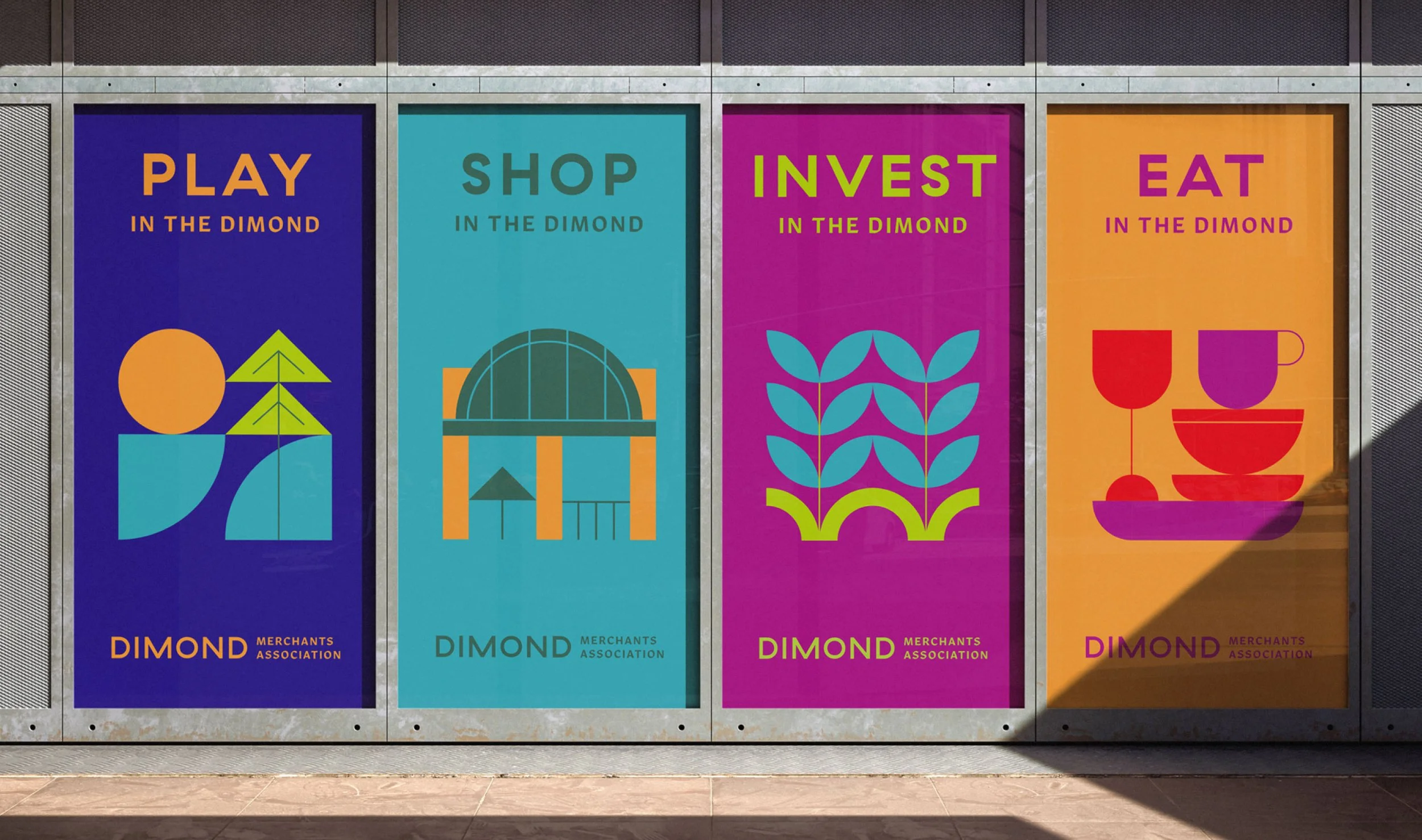 Branded outdoor printed poster campaign layout for the Dimond Merchants Association in Oakland.