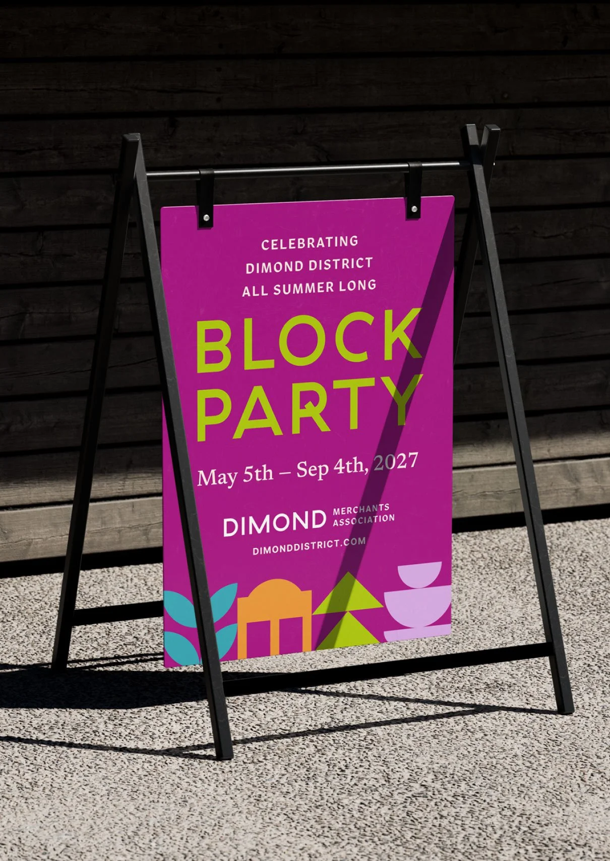 Printed outdoor sidewalk A-frame sign mockup promoting a community merchant event.
