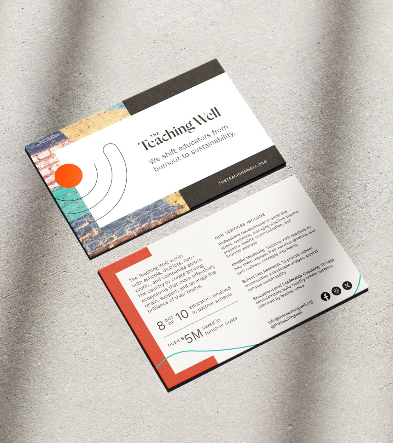 Printed postcard marketing collateral design featuring branded graphic elements.