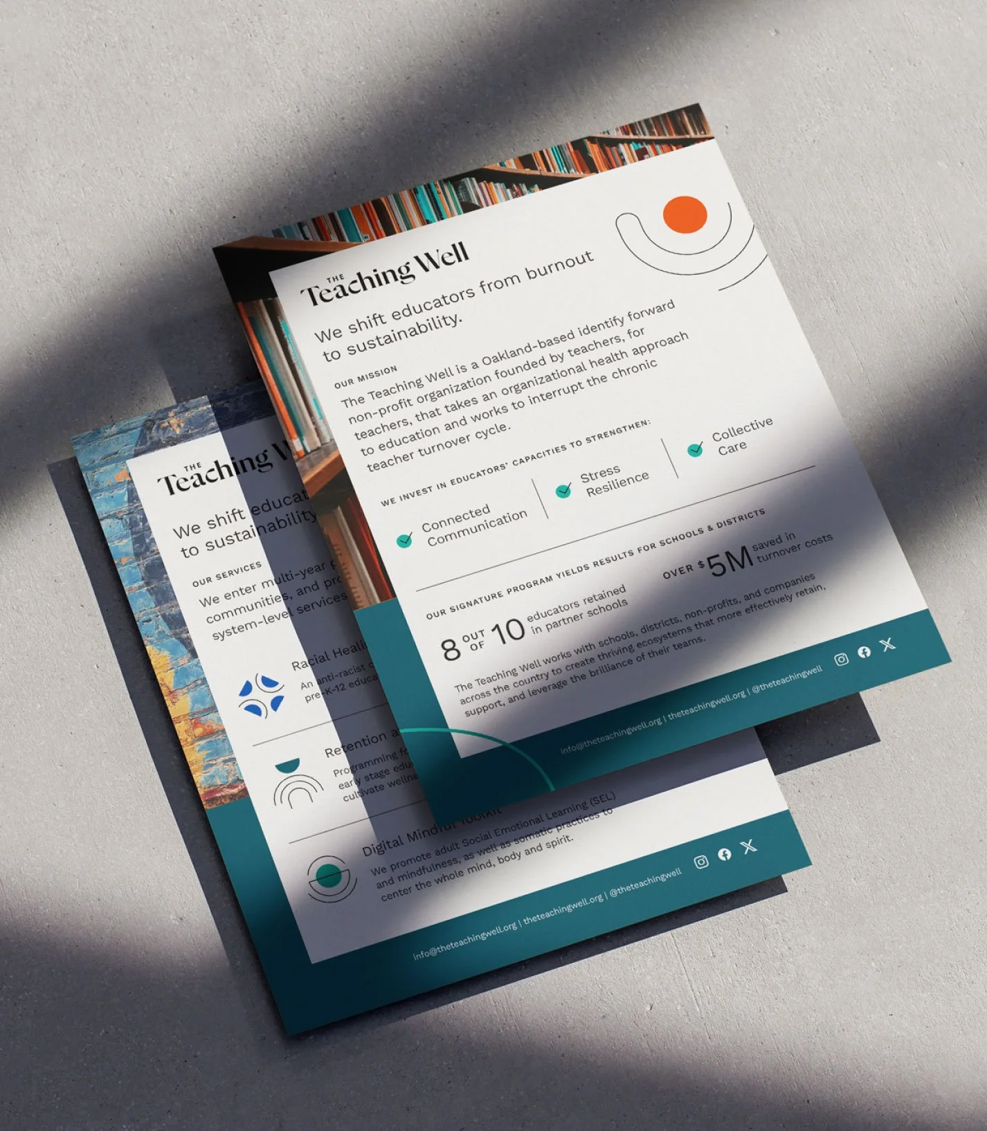 Printed flyer and one-pager marketing collateral sheets featuring custom graphic design.