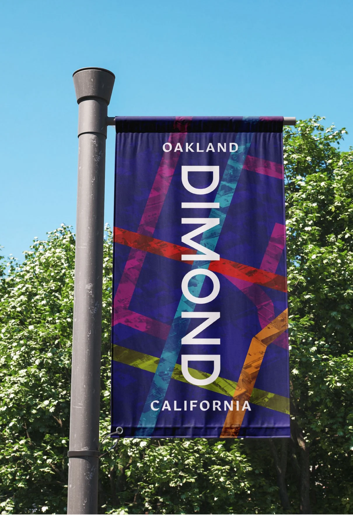 rinted neighborhood street banner flag mockup displaying community branding graphics.