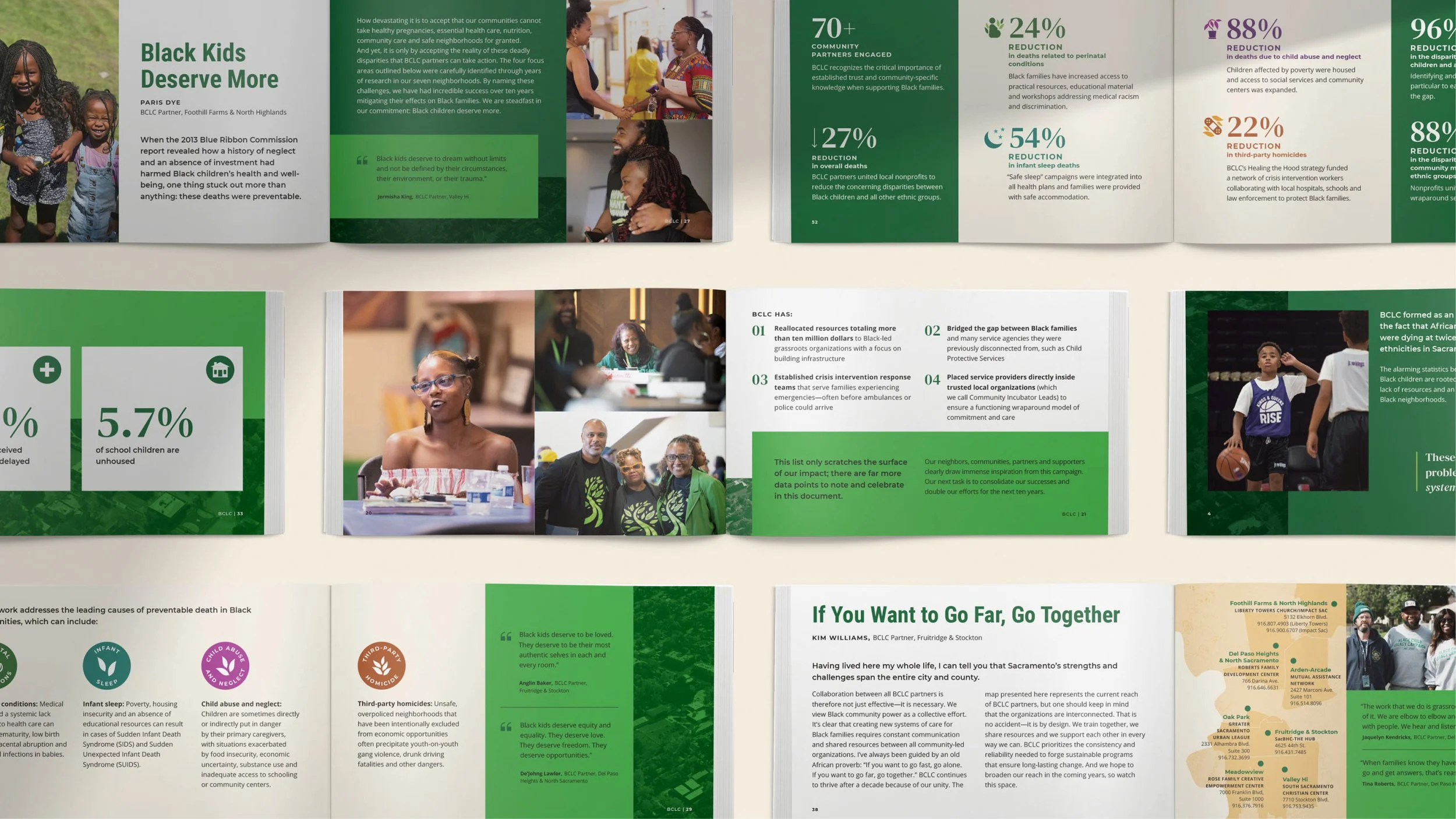A comprehensive print collateral showcase displaying booklet spreads with typography hierarchies, custom icons, and infographics.