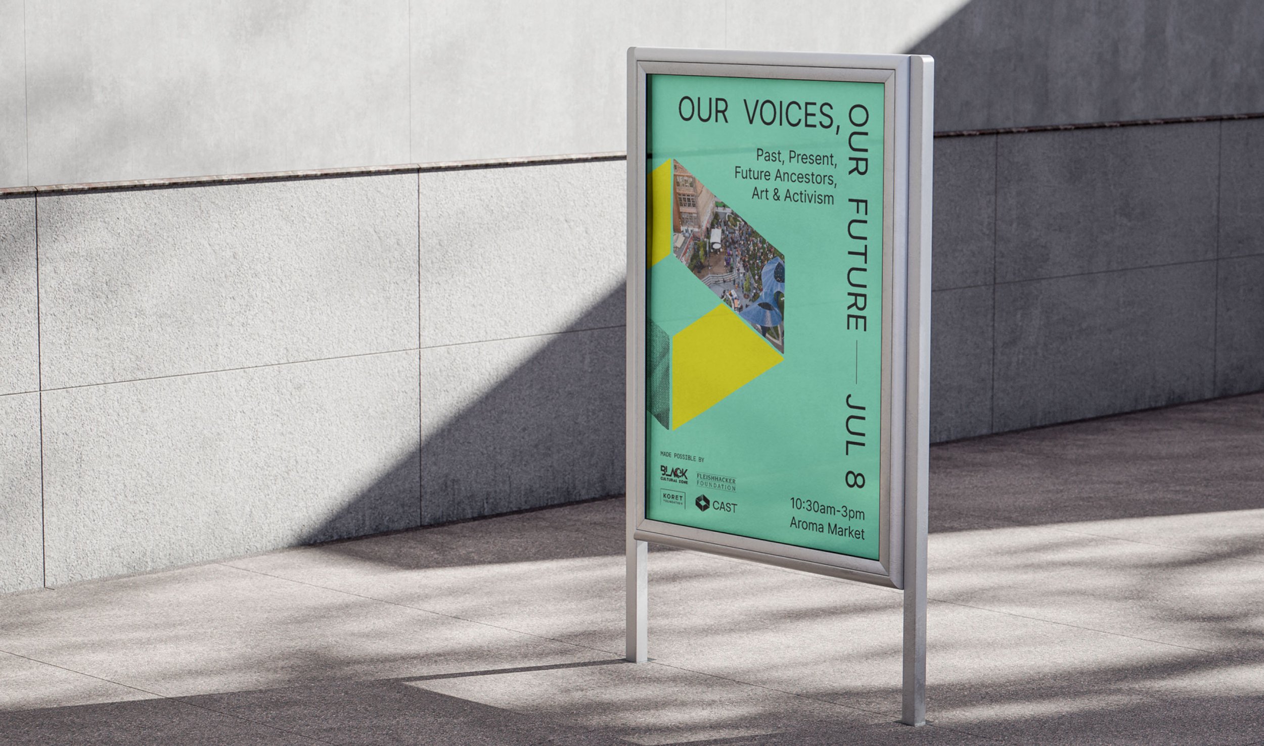 An outdoor marketing poster design campaign mockup displayed on a public street billboard.