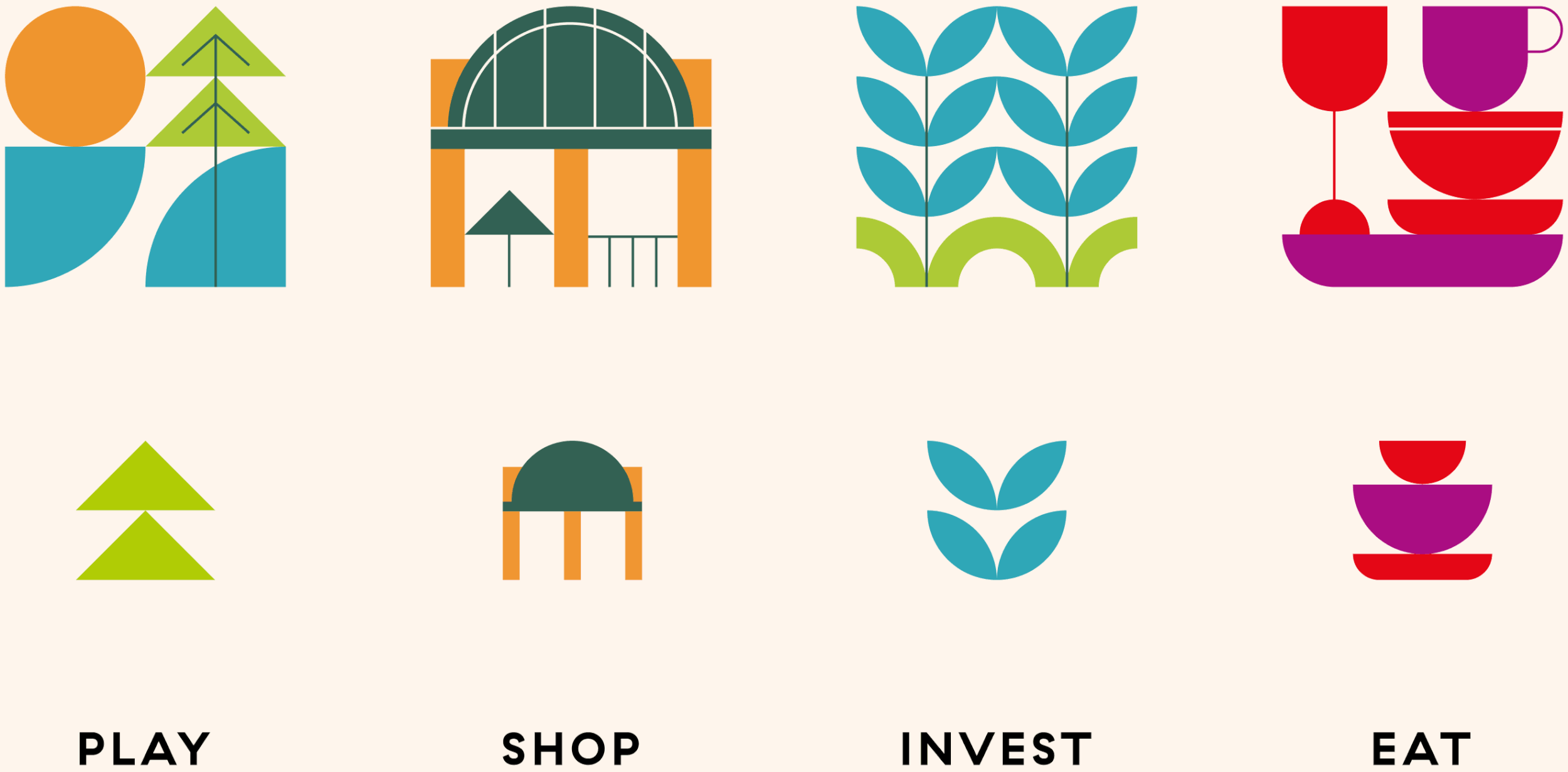 ustom brand iconography representing the four pillars of Play, Shop, Invest, and Eat.