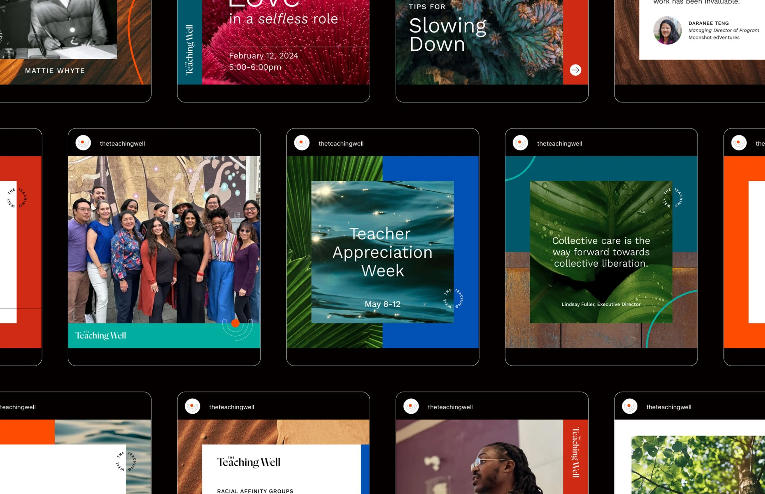 Cohesive social media post templates featuring branded design elements and layouts.