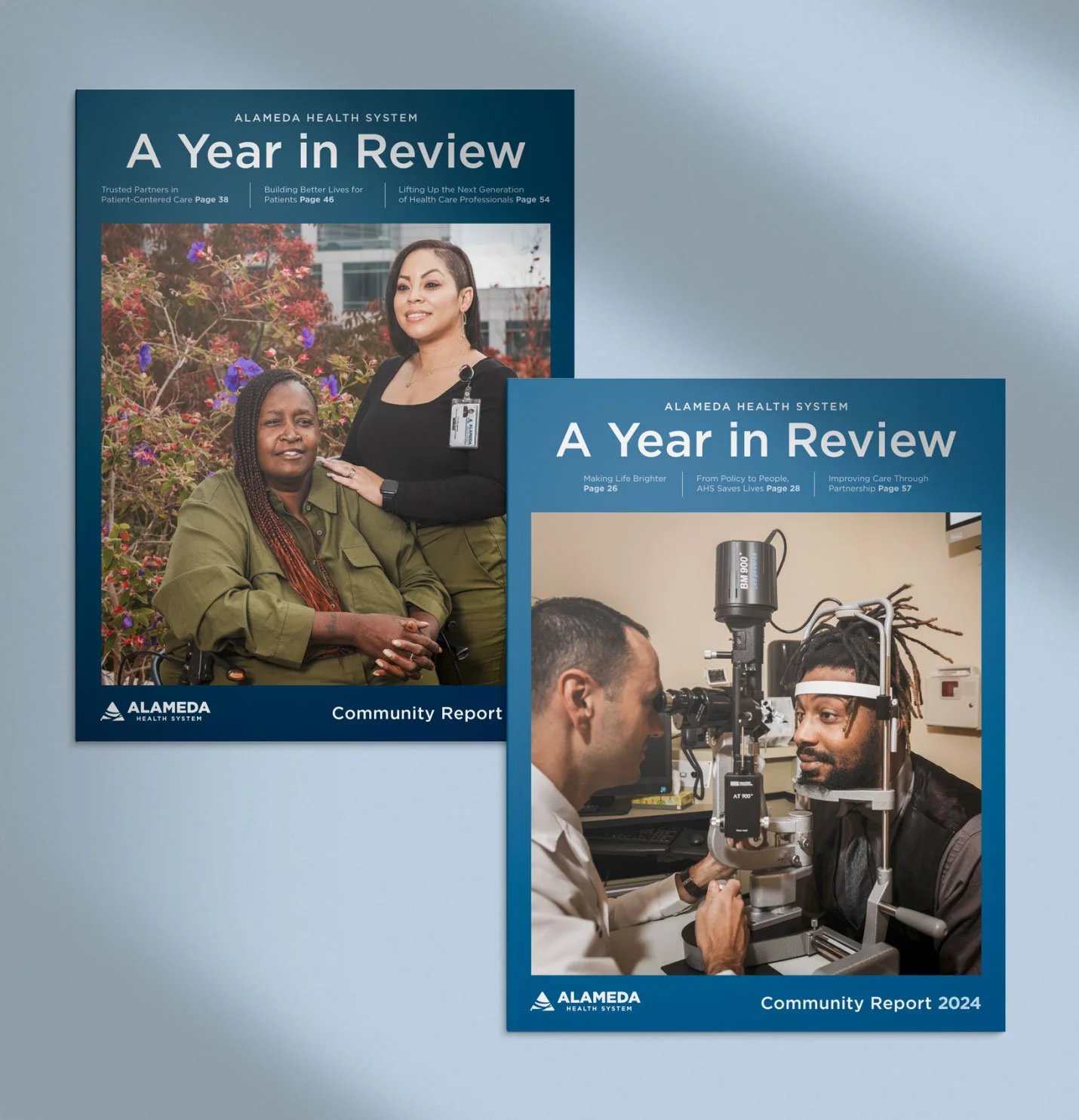 professional print design mockup displaying the covers of two past corporate healthcare annual reports.