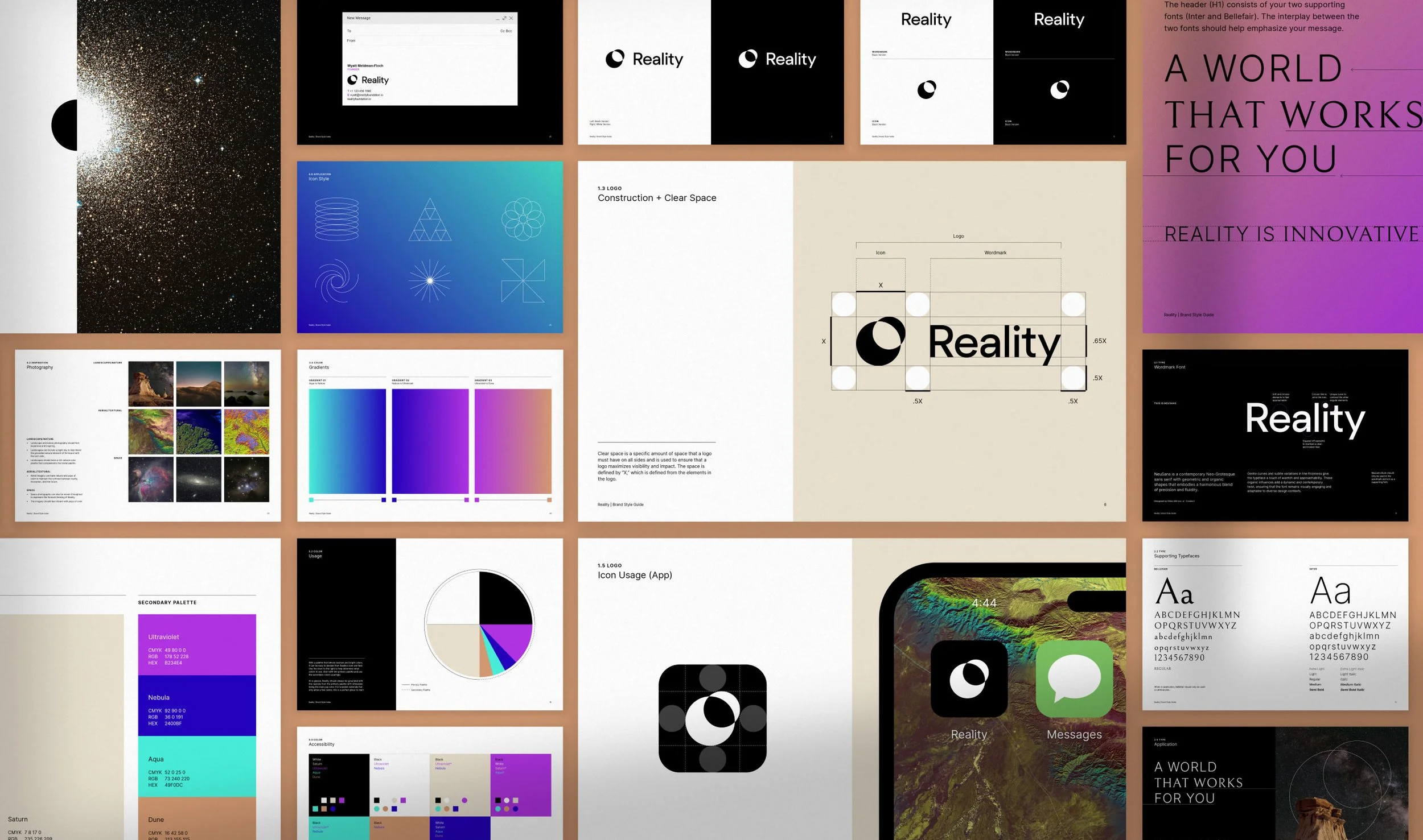 Multi-page brand style guide overview displaying color palette, typography guidelines, icons, and logo usage rules.