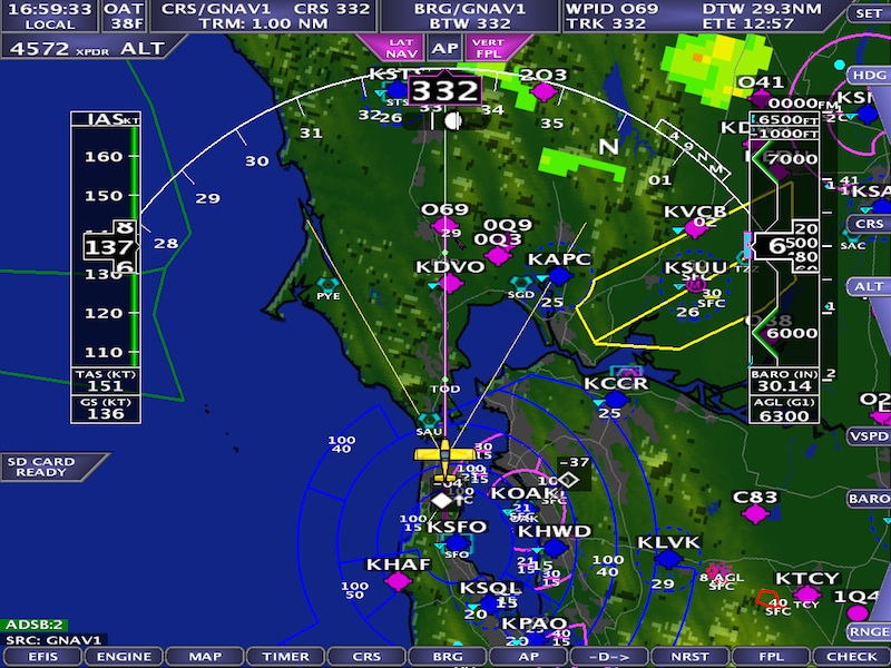 Screen shot of ADS-B weather and traffic on an AFS 5000 series EFIS
