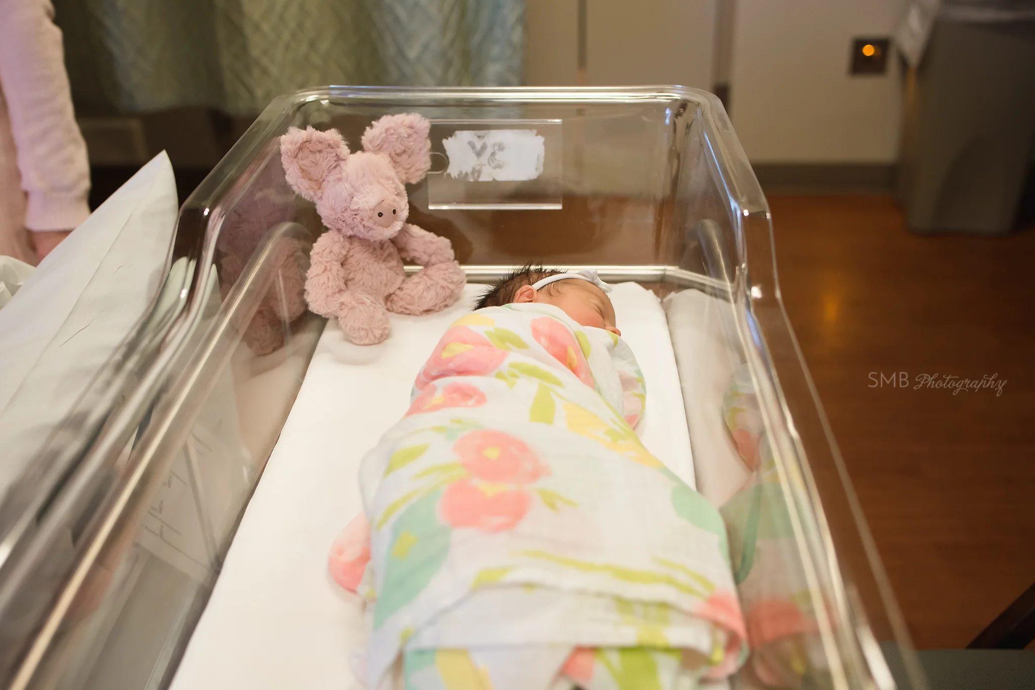 Newborn baby girl wrapped in bassinet with stuffed animal
