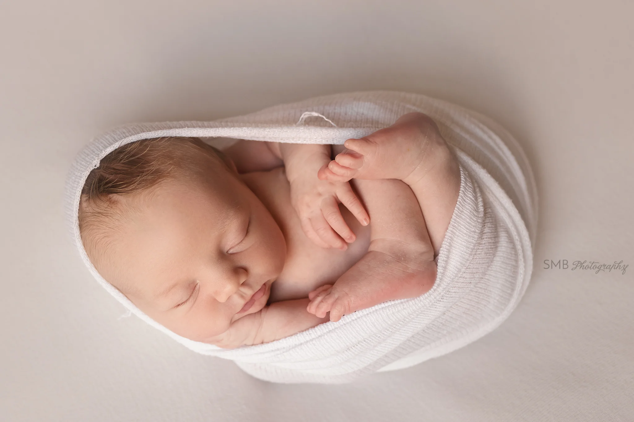 Baby boy wrapped on ivory backdrop