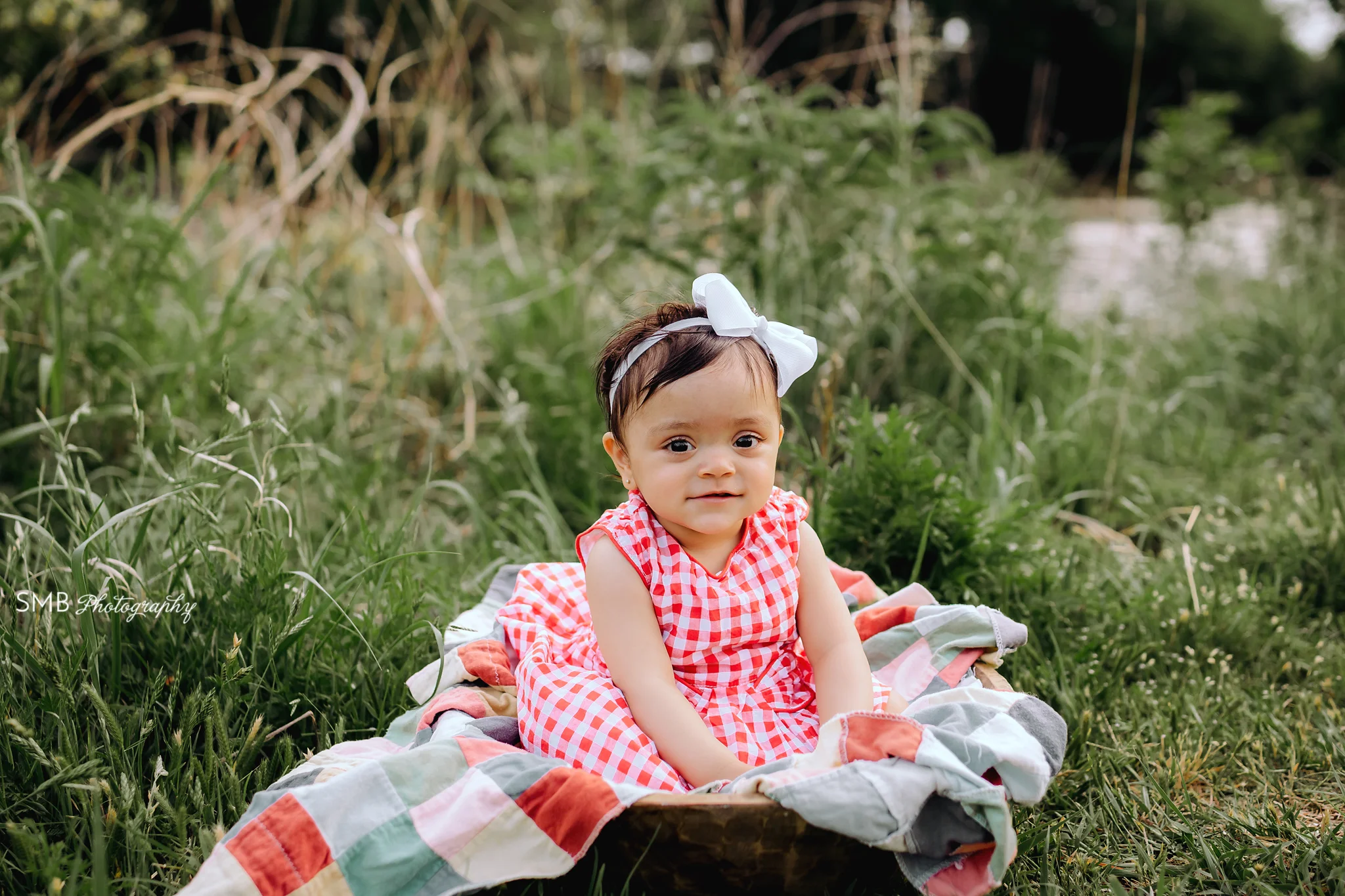 Birthday girl wearing red plaid dress