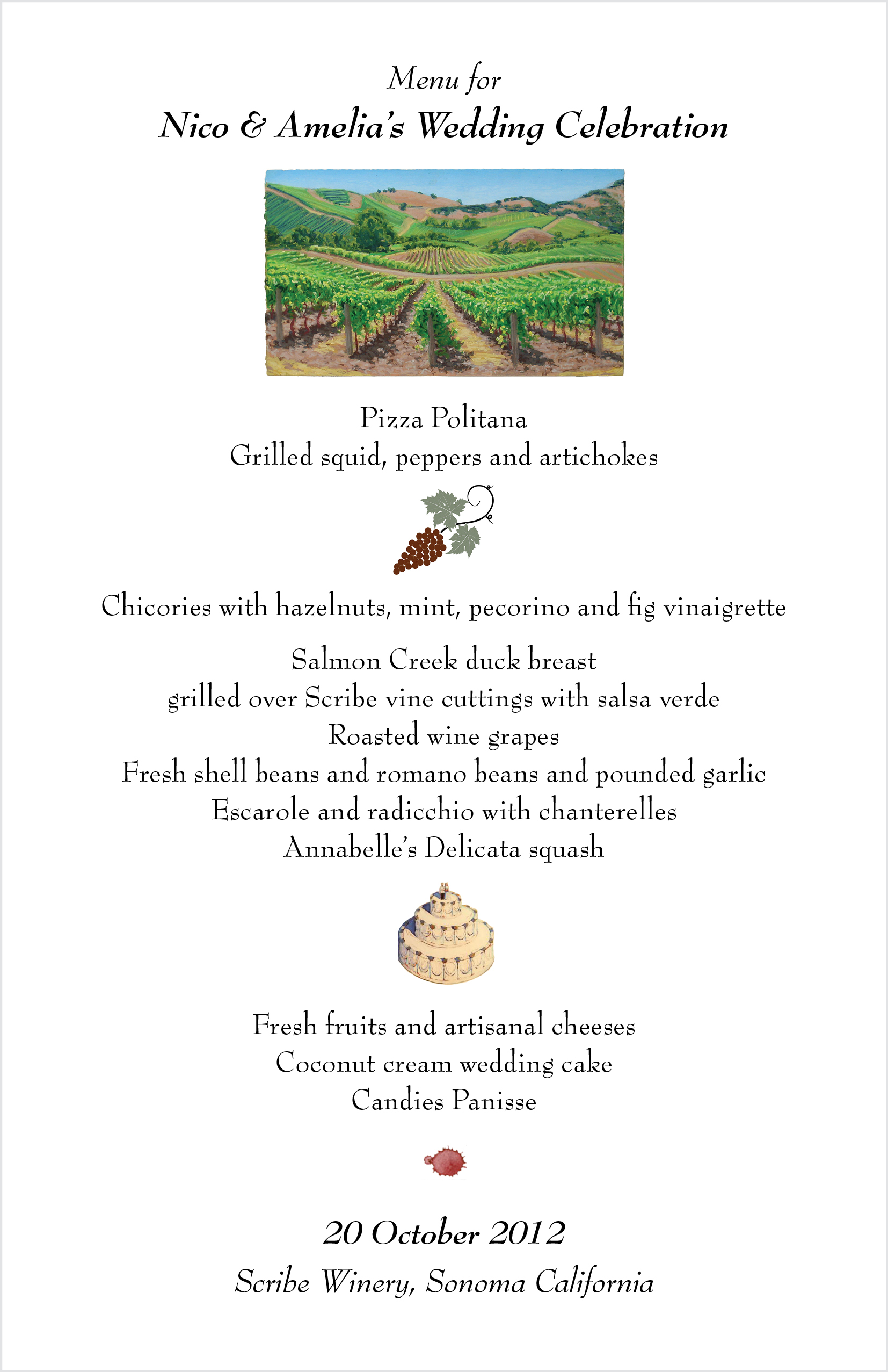Nico & Amelia Wedding Menu Scribe Winery