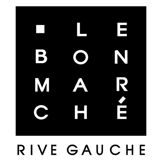 Black background with white text spelling "LE BON MARCHE" arranged in four rows in a grid pattern.
