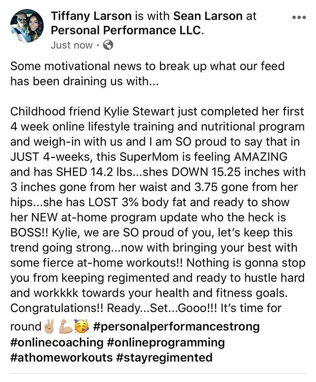 Way to go, Kylie!!!! #personalperformancestrong #onlinecoaching #onlineprogramming #momstrong #athomeworkouts #stayregimented #progress #results #goals
