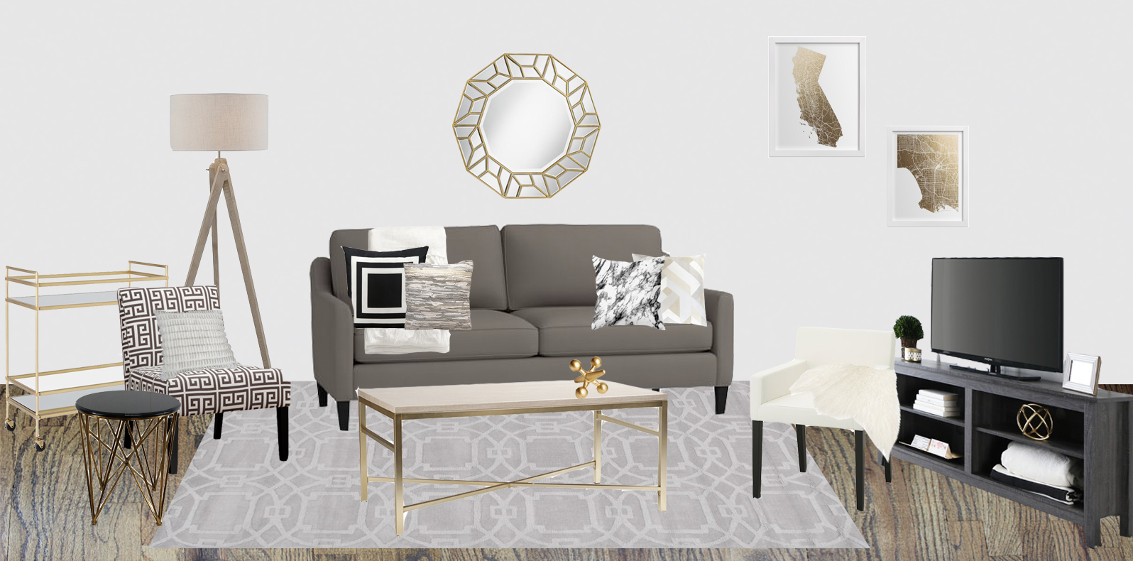 Example "mood board" with products displayed in a way to visualize the final space.