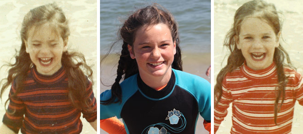 Running out of the water at Coast Guard beach with my sister (1970ish) and my younger daughter Avery in the same spot (2014).