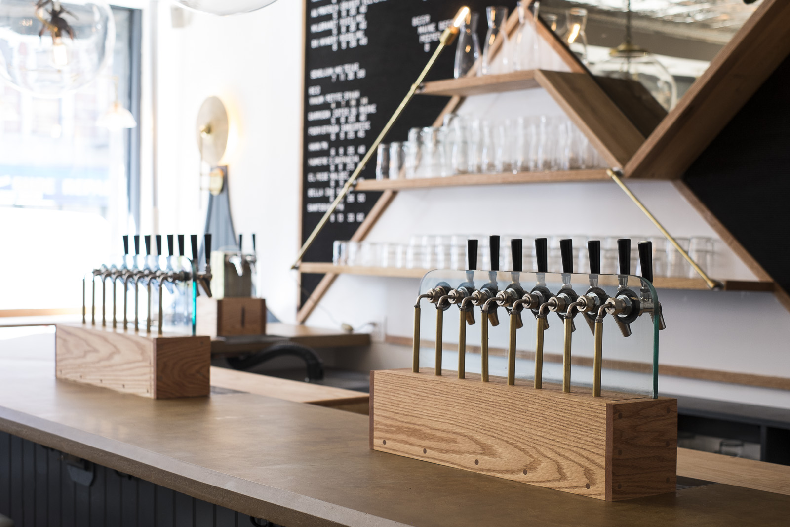  custom wine tap towers of white oak, brass, tempered glass 