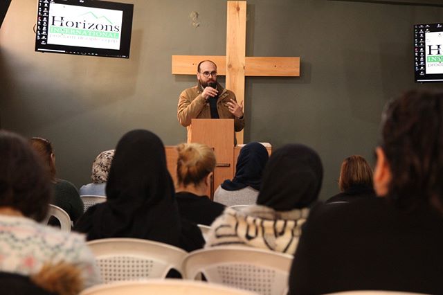 Horizons International's Executive Director, Pierre Houssney, sharing from the Word of God at a recent discipleship festival for refugee women in Beirut. #HorizonsInternational #discipleship #1000lighthouses #Refugeeministry