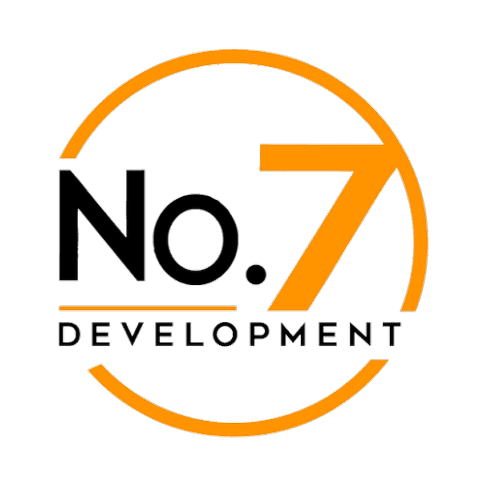Logo for No7 Development featuring a circular design with orange, black, red, and blue colors, and the text 'No7 Development'.