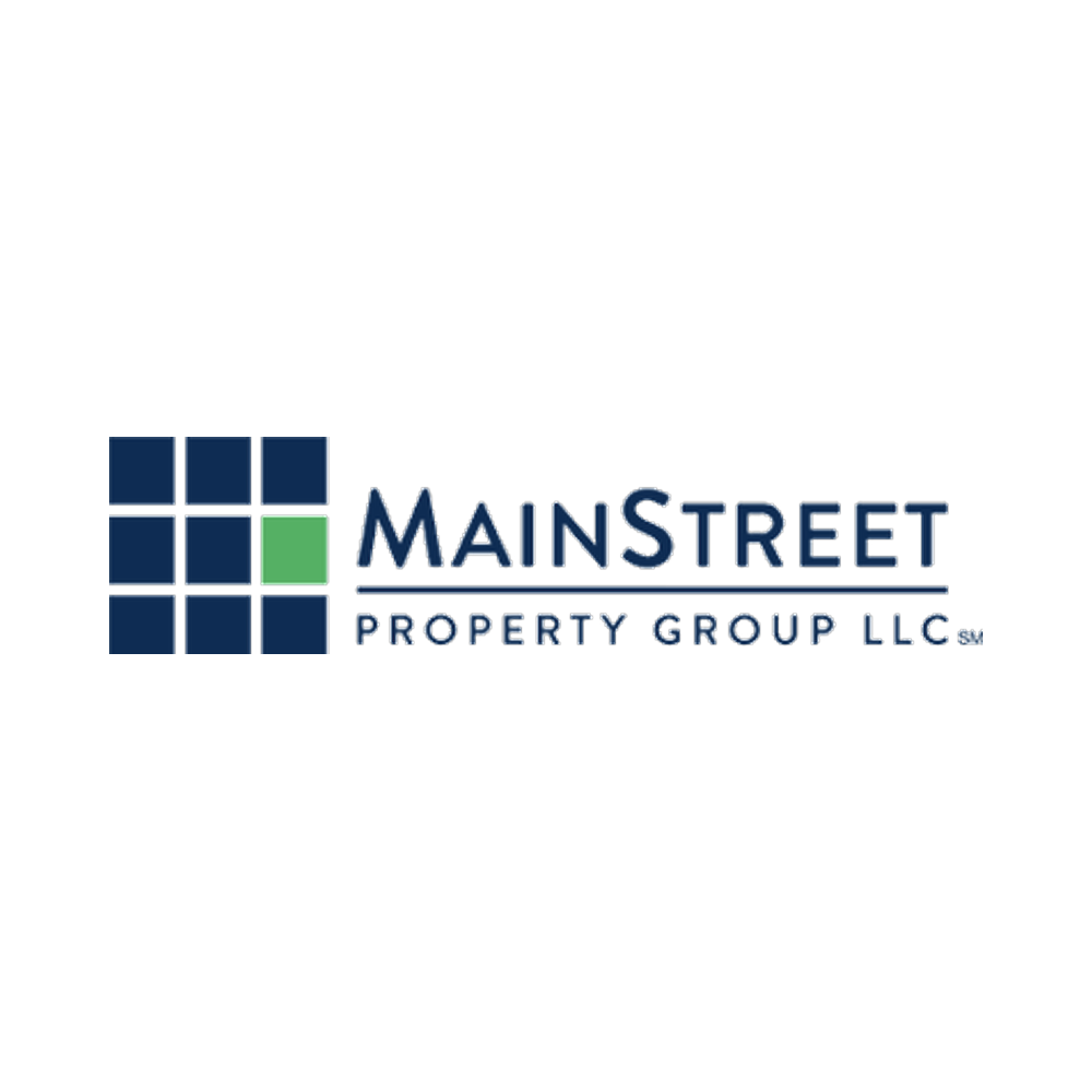 Logo for MainStreet Property Group LLC, featuring a design with blue and green squares and the company name in blue and white text.