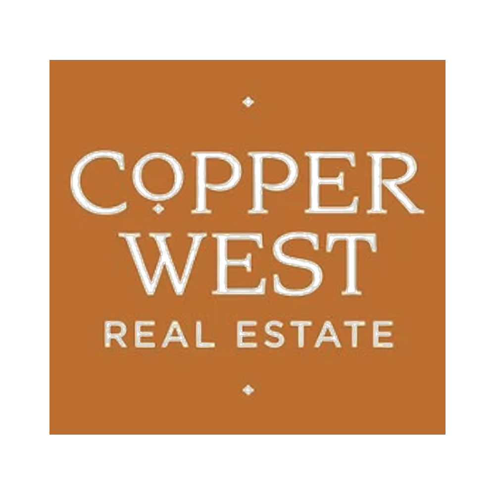 Logo for Copper West Real Estate with a brown background and white text.