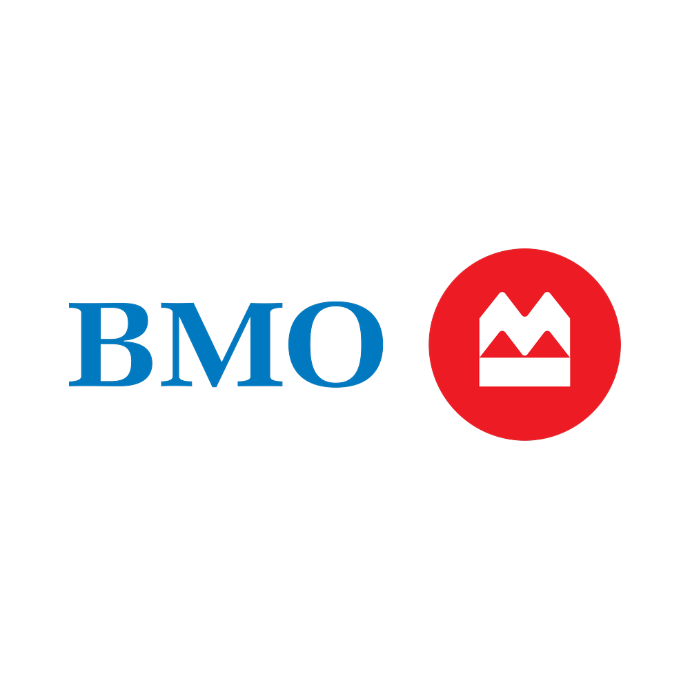 Logo of BMO bank with a red circle and white emblem to the right of the blue letters 'BMO' on a black background.