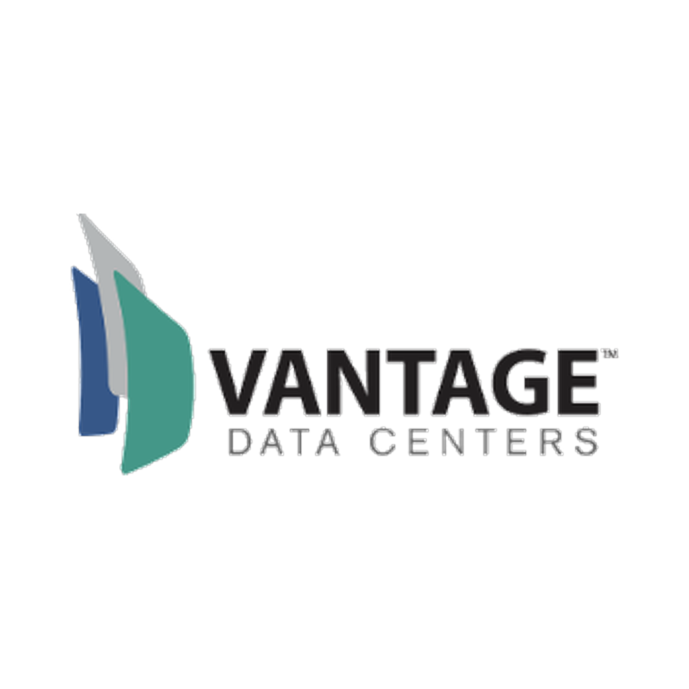 Vantage Data Centers logo with stylized abstract shapes in blue, gray, and green, alongside the company name.