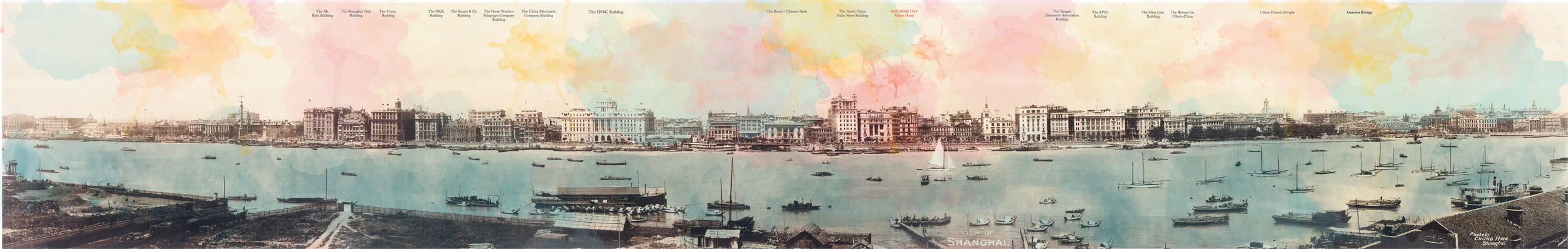 An iconic image of the Bund with watercolor interventions.