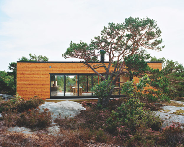 Formen på huset er enkel og i kontrast til de vind-dreide furuene. Mot syd former to fløyer et skjermet atrium. Fasaden er kledd med furu som er beiset. Tegnet i samarbeid med Kjetil Sæterdal. Areal: 100m2 Foto: Ivan Brodey