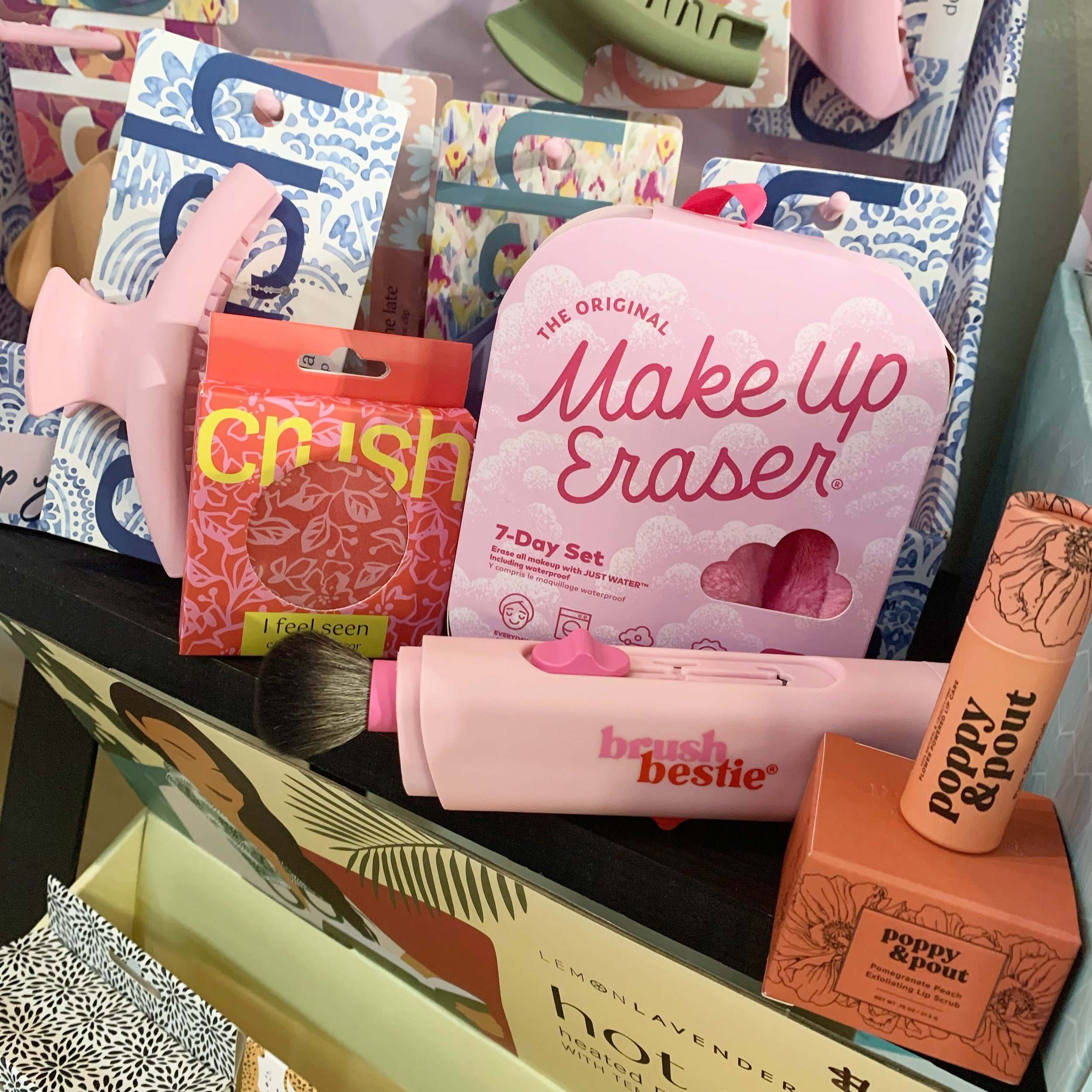Here&rsquo;s a gift that pampers! 

Poppy and Pout lip scrub and lip balm
Makeup Eraser 7 day set
Crush compact mirror 
Crush claw clip 
Brush Bestie (4 makeup brushes in one!)