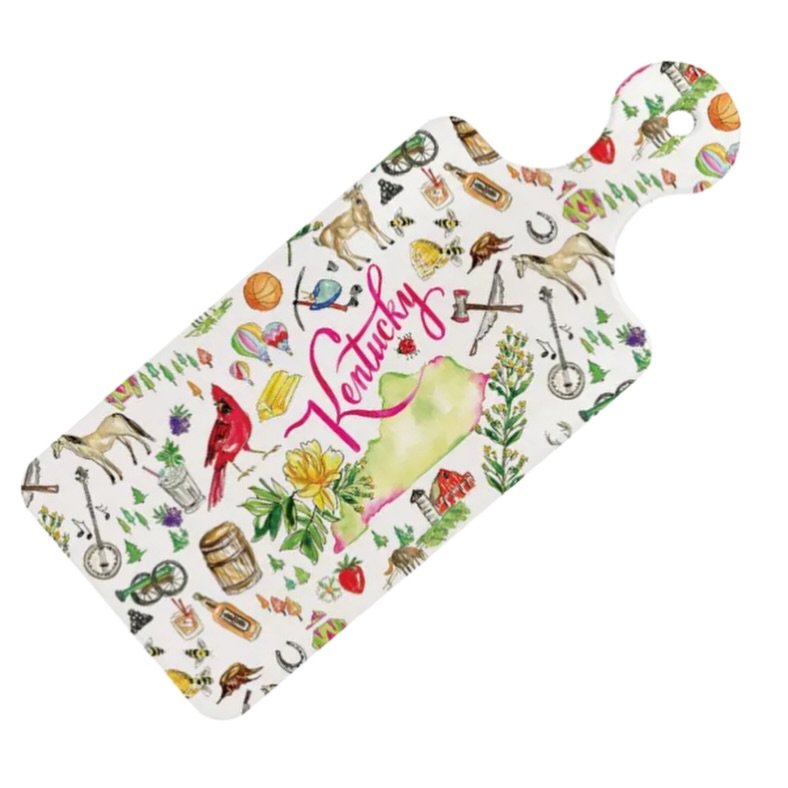 KENTUCKY STATE CUTERIE BOARD
$15.00

Bring a touch of Kentucky charm to your gatherings with this vibrant Rosanne Beck State Collection cuterie board. Featuring hand-illustrated icons that celebrate the Bluegrass State &mdash; from horses and bourbon