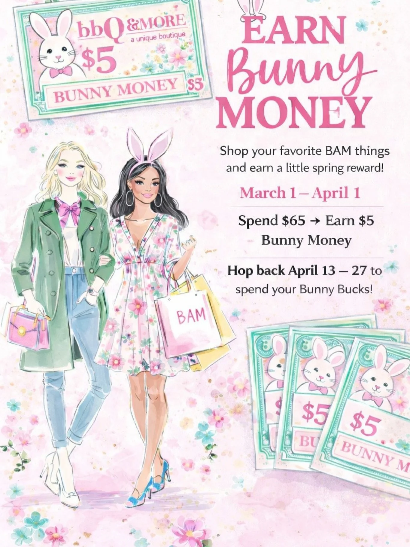 Every bunny loves a little extra spending money&hellip; 🐰💸

Now through April 1, when you spend $65 at bbQandMore, you&rsquo;ll earn $5 in Bunny Money to spend later!

✨ Shop now
✨ Earn rewards
✨ Hop back April 13&ndash;27 to spend your Bunny Bucks
