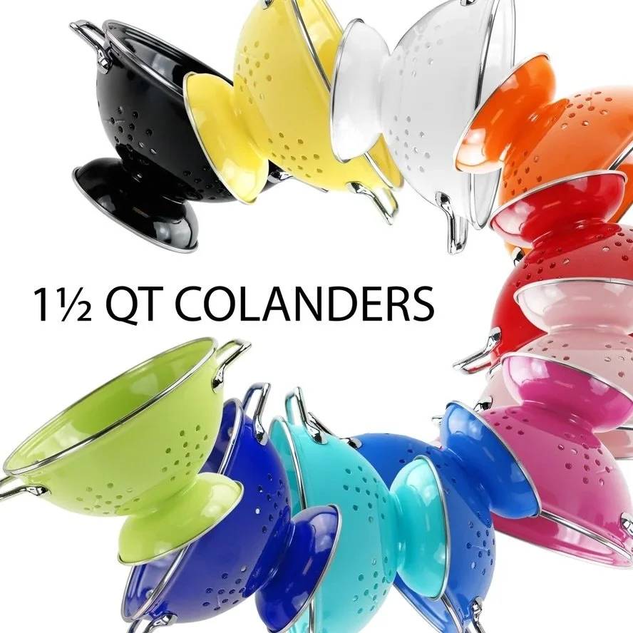 COLANDER, 1 1/2 QUART
$30.00

This colorful colander will not only add color to your kitchen but making something practical fun. The colander has chrome-plated handles, wide base, stainless steel rims, and well-placed holes for easy draining. Don&rsq