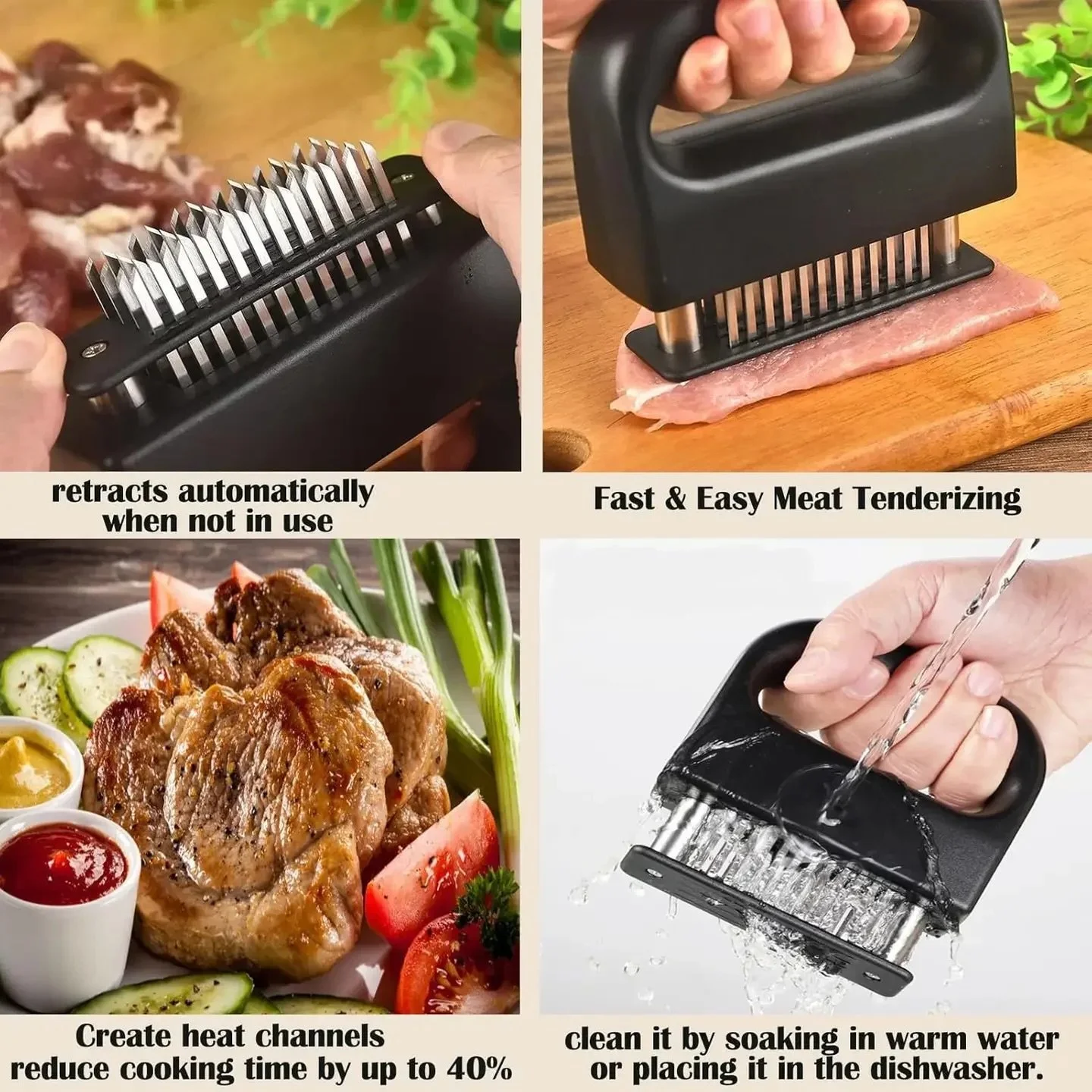 MEAT TENDERIZER
$15.00

Fast &amp; Easy Meat Tenderizing:The Hendiy Meat Tenderizer Tool with 48 stainless steel blades tenderizes any cut,allowing marinades and spices flavors to penetrate deeply for juicy steaks,chicken,turkey,and beef Stainless St