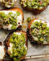 #14 EMBER SMASHED PEA & AVOCADO CROSTINI WITH PISTACHIO DUST