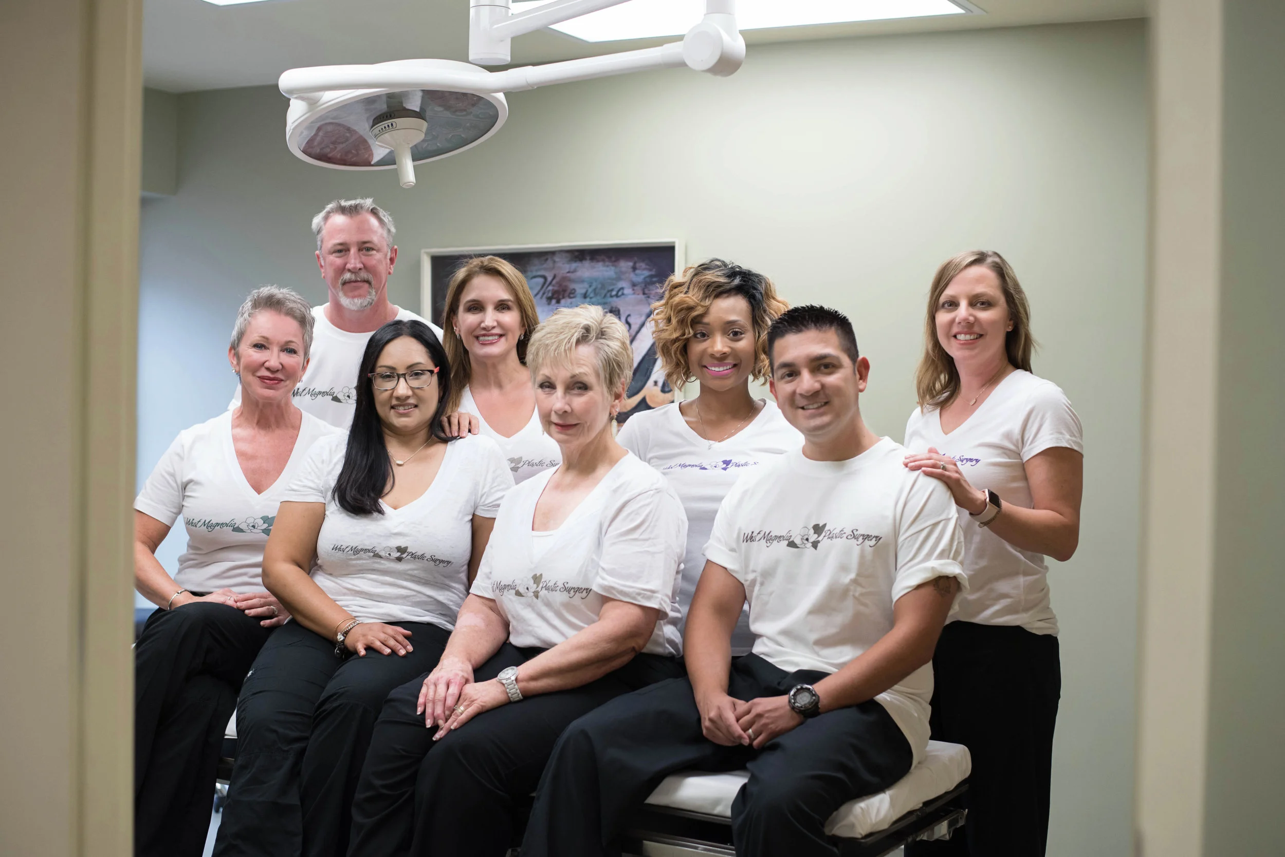 Back Row (left to right): Jeff McKamey, CRNA, Dr. Emily B. McLaughlin, MD, Mioshi Johnson, Surgical Tech, Jamie Schweitzer, RN Front Row (left to right): Toni Lewis, CRNA, Carina Castaneda, Surgery Center Coordinator, Alice Ray, RN, Pablo, CRNA Not Pictured: Aaron Smith, Surgical Tech, Sarah Pemberton, RN
