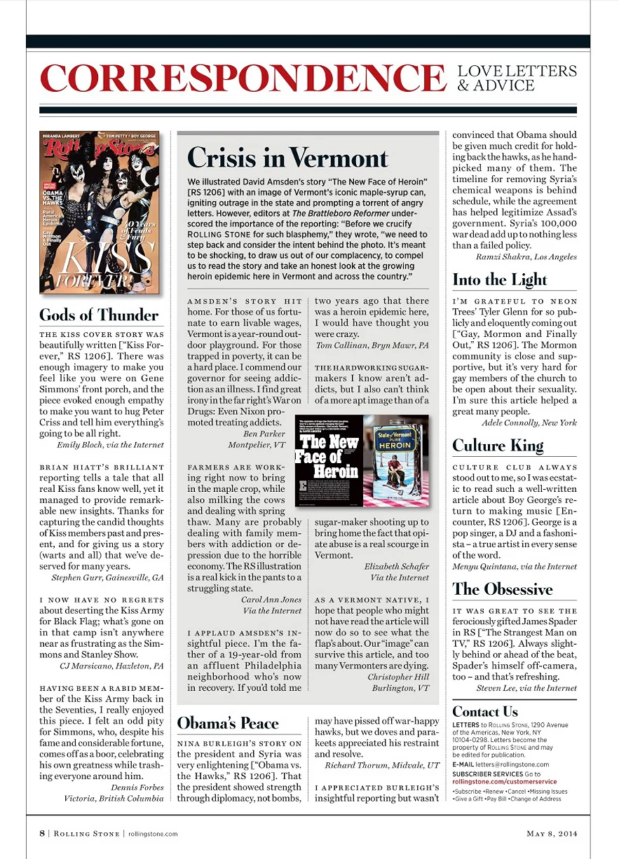 Rolling Stone magazine #1208 May 8, 2014 | Correspondence page about 'The New Face of Heroin' article and illustration from previous issue #1206. Photo: Fredrik Broden Painting: David M. Brinley Lettering: Jon Valk