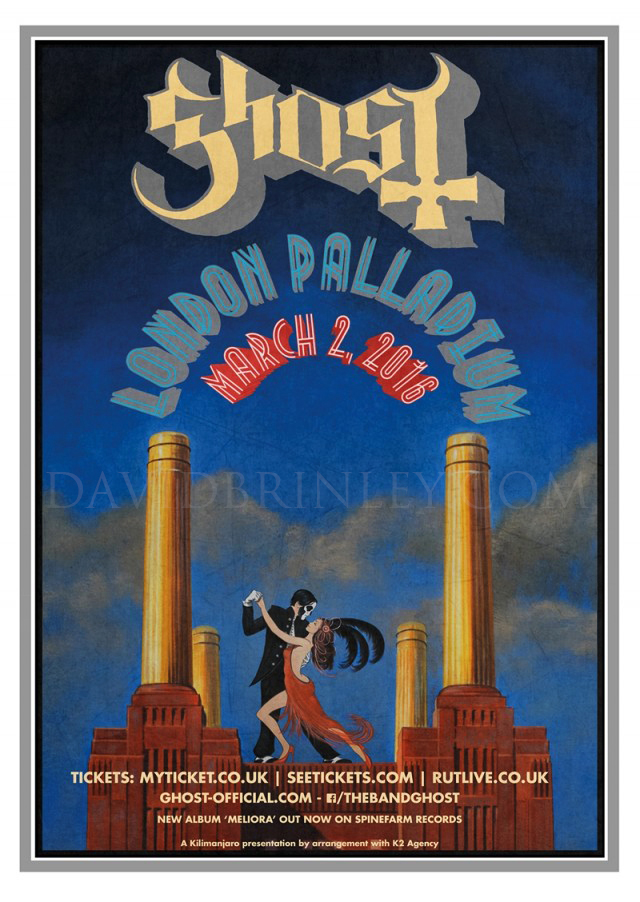   GHOST | London Palladium March 2, 2016   Acrylic on paper and digital  Official London Palladium concert promo postcard 