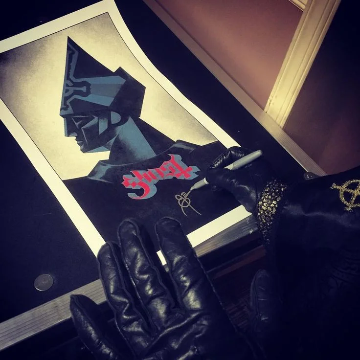 GHOST | 2016 VIP limited edition poster print Acrylic on paper and digital Papa signing the Spring 2016 USA tour illustration and design created for exclusive VIP package limited edition poster print. Photo credit: Official @thebandghost Instagram