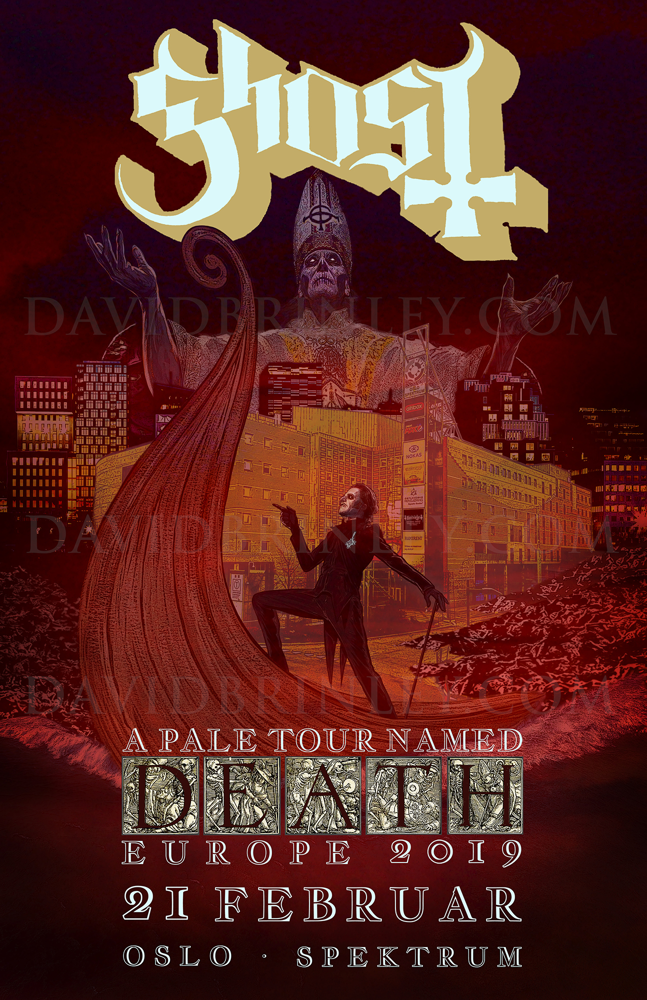   GHOST | Oslo Norway Spektrum | February 21, 2019   A Pale Tour Named Death Official poster  David M. Brinley | Illustrator Designer  Acrylic and Digital 