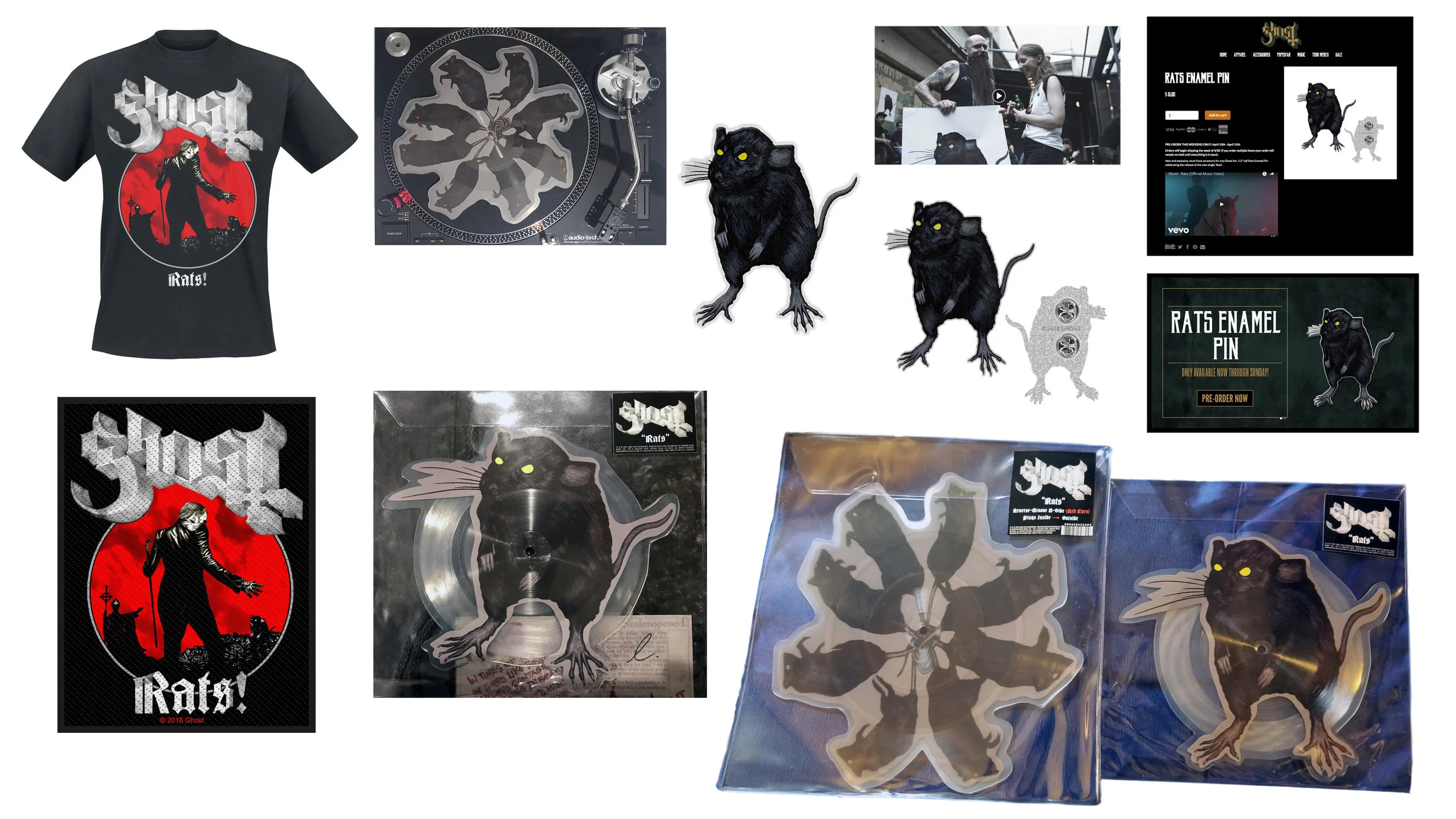 GHOST | Rats! On The Road 2018 official tour merchandise T-shirt | 7” picture disc | 10” picture disc | promo poster | patch | enamel pin Acrylic on paper and digital