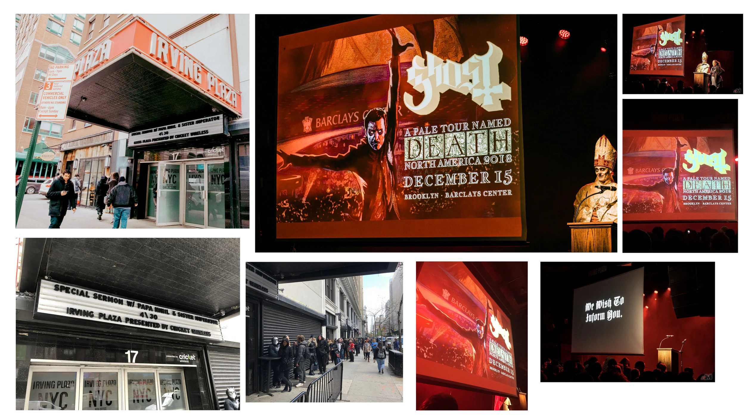 GHOST | A Pale Tour Named Death World Premiere with Papa Nihil and Sister Imperator | Irving Plaza, NYC | April 30, 2018 | announcement at 16:50 mark of video Official concert promo poster and marquee graphics