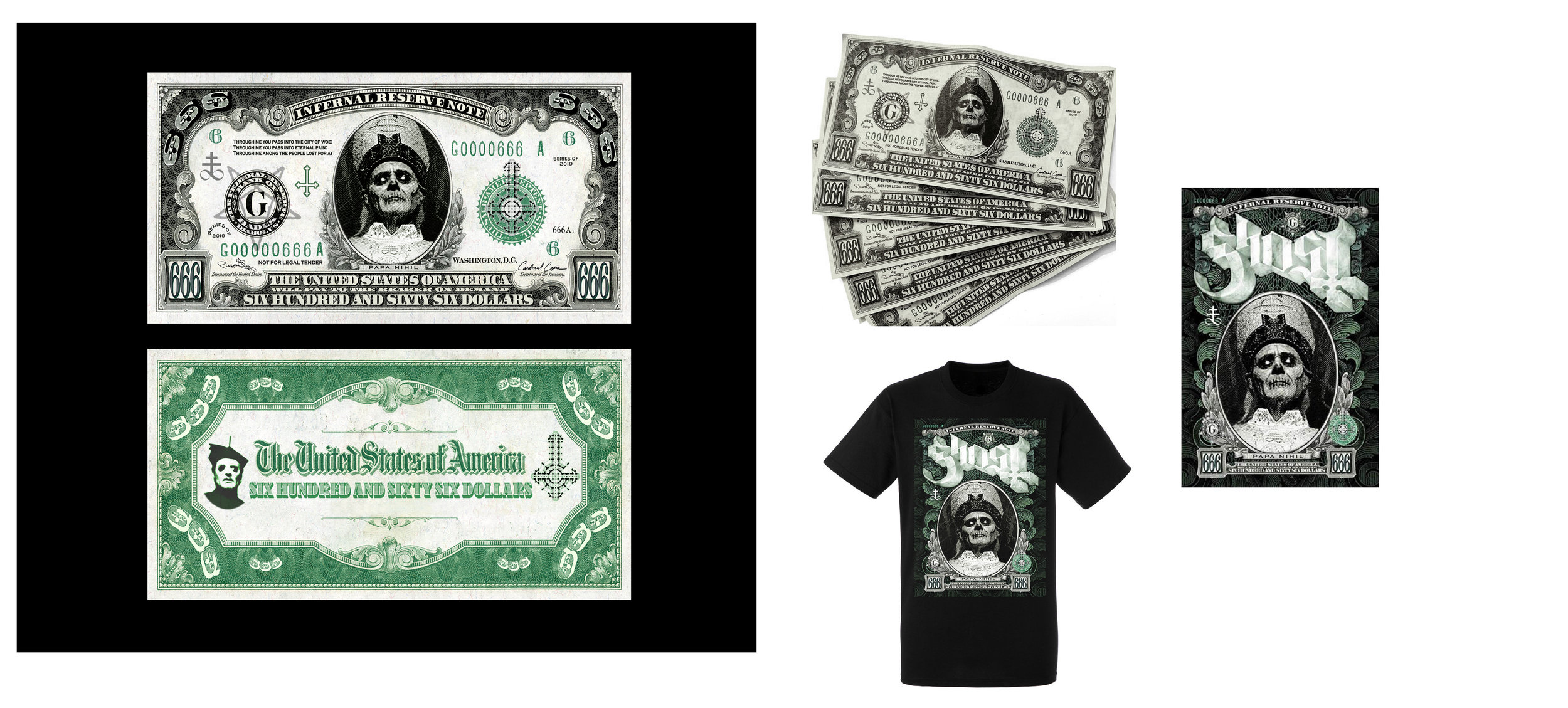   GHOST | Papa Nihil Infernal Reserve Note | 2019 edition   Elements used for 13" x 19" digital print lithograph poster and t-shirt  Acrylic on paper and digital     