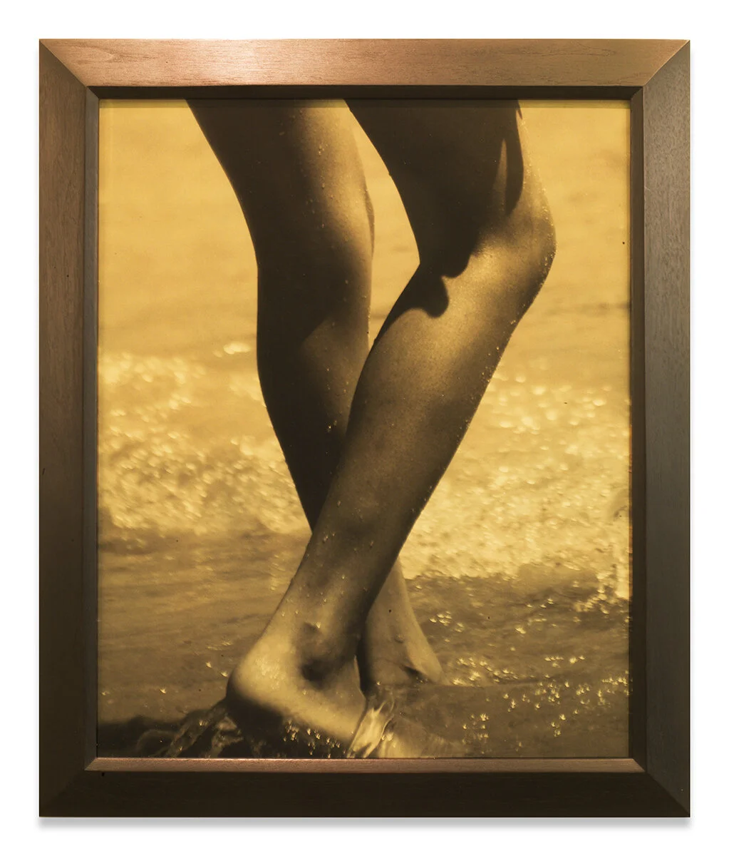  Goldtones / Walking Girl, 2021, Plexiglass with 24 carat gold leaf, 23.5" x 19.5"   